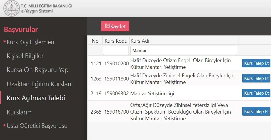 e-Yaygın kurs açılması talebinin nasıl oluşturulacağı anlatılmaktadır.